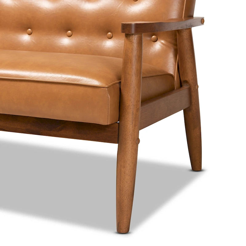 Sorrento Tan Faux Leather and Walnut Finished Wood Loveseat