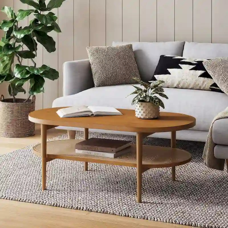 Nathan James Sonia Bohemian 2-Tier Oval Cane Coffee Table in Light Wood With Rattan Storage Shelf
