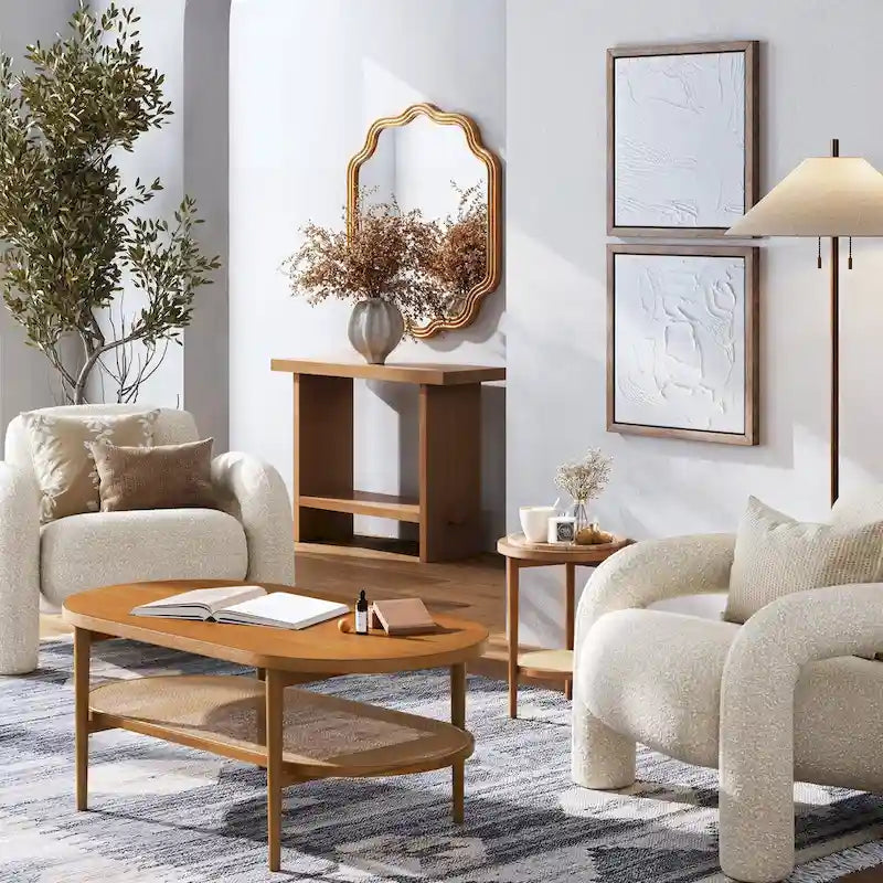 Nathan James Sonia Bohemian 2-Tier Oval Cane Coffee Table in Light Wood With Rattan Storage Shelf