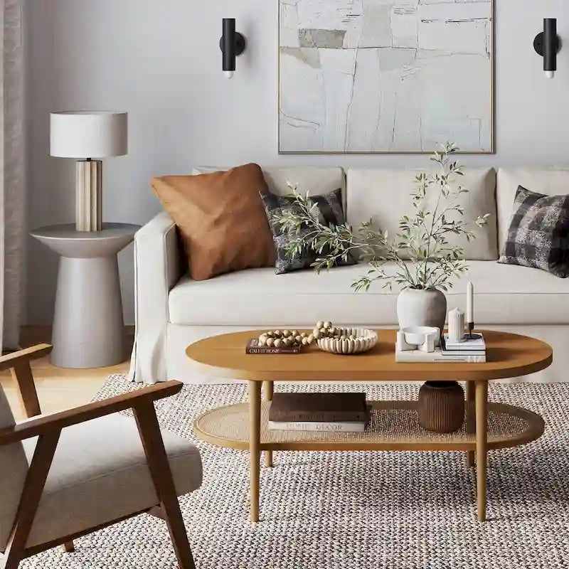 Nathan James Sonia Bohemian 2-Tier Oval Cane Coffee Table in Light Wood With Rattan Storage Shelf