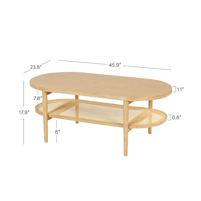 Nathan James Sonia Bohemian 2-Tier Oval Cane Coffee Table in Light Wood With Rattan Storage Shelf