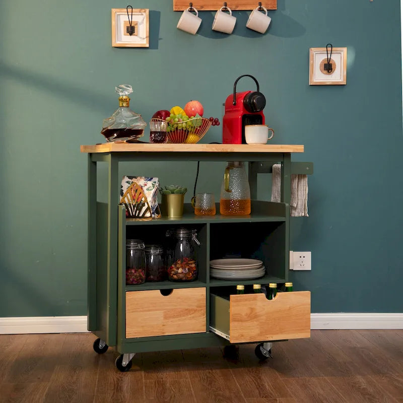 Portable Kitchen Cart Wood Top Kitchen Trolley with Drawers
