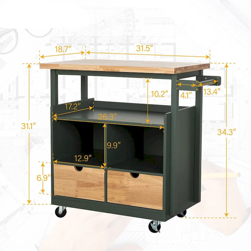 Portable Kitchen Cart Wood Top Kitchen Trolley with Drawers