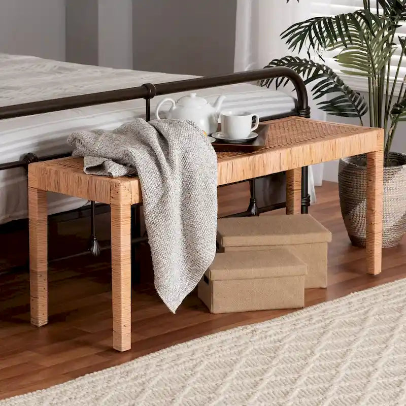 Abelia Modern Bohemian Natural Rattan and Mahogany Wood Accent Bench