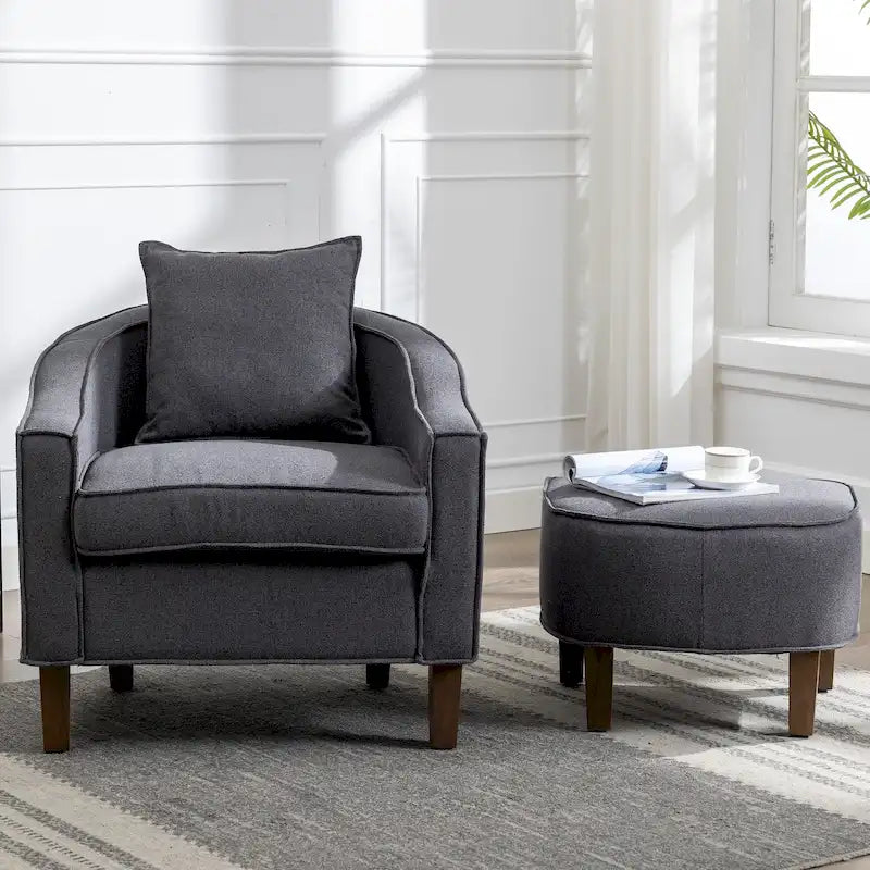 Linen/Polyester Upholstered Mid Century Barrel Chair with Ottoman