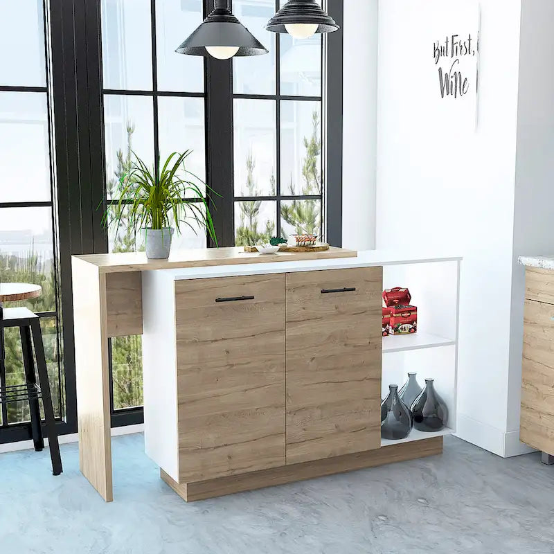 TUHOME Sicilia Kitchen Island with 2 Open Shelves, Double Door Cabinet, and 3 Inner Shelves