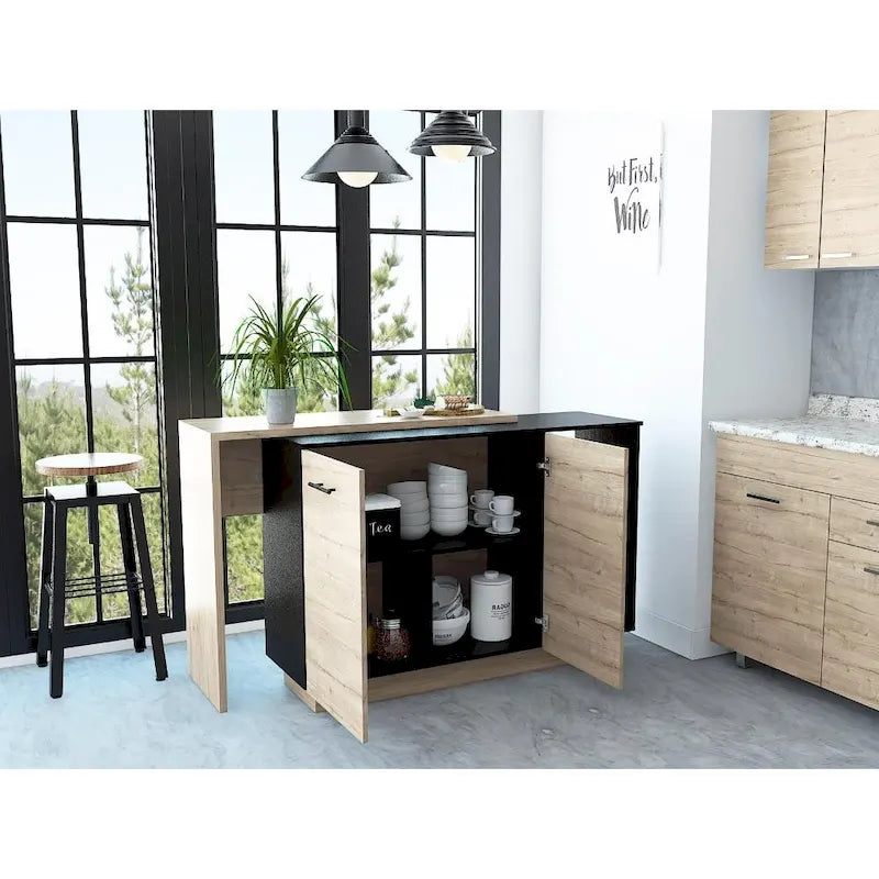 TUHOME Sicilia Kitchen Island with 2 Open Shelves, Double Door Cabinet, and 3 Inner Shelves