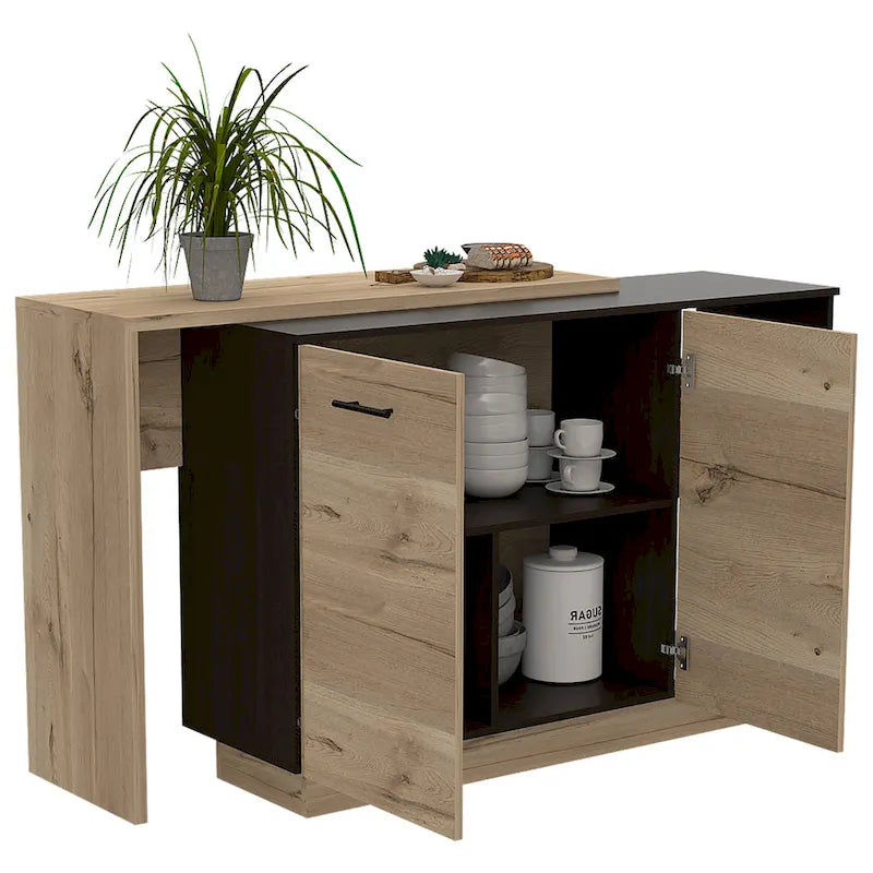 TUHOME Sicilia Kitchen Island with 2 Open Shelves, Double Door Cabinet, and 3 Inner Shelves