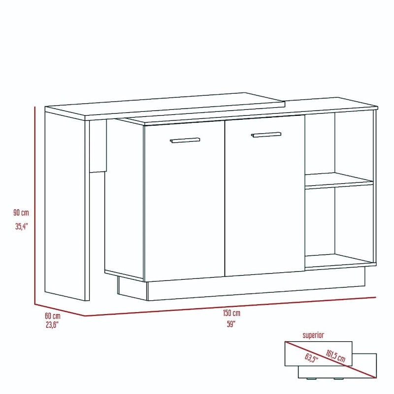 TUHOME Sicilia Kitchen Island with 2 Open Shelves, Double Door Cabinet, and 3 Inner Shelves