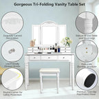 Tri-folding Mirror Vanity Table Set with Stool