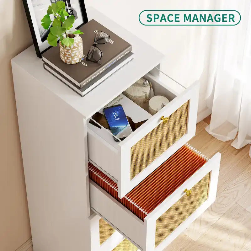 Moasis 15-inch Deep 4 Drawers Rattan Vertical File Cabinet with Lock