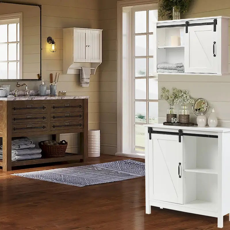 Farmhouse White MDF Wood Bathroom Storage Cabinet