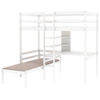 Convertible Loft Bed with L-Shape Desk, Twin Bunk Bed with Shelves and Ladder, White