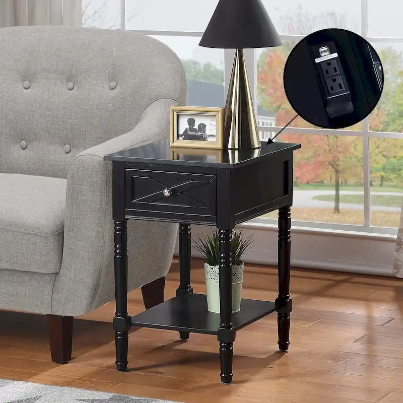 Convenience Concepts Country Oxford 1 Drawer End Table with Charging Station and Shelf