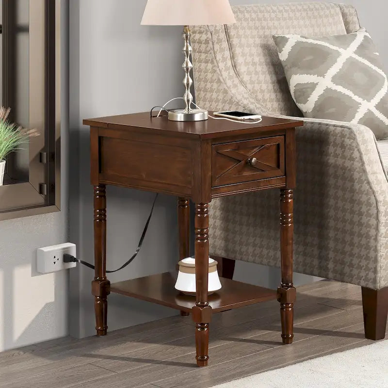 Convenience Concepts Country Oxford 1 Drawer End Table with Charging Station and Shelf