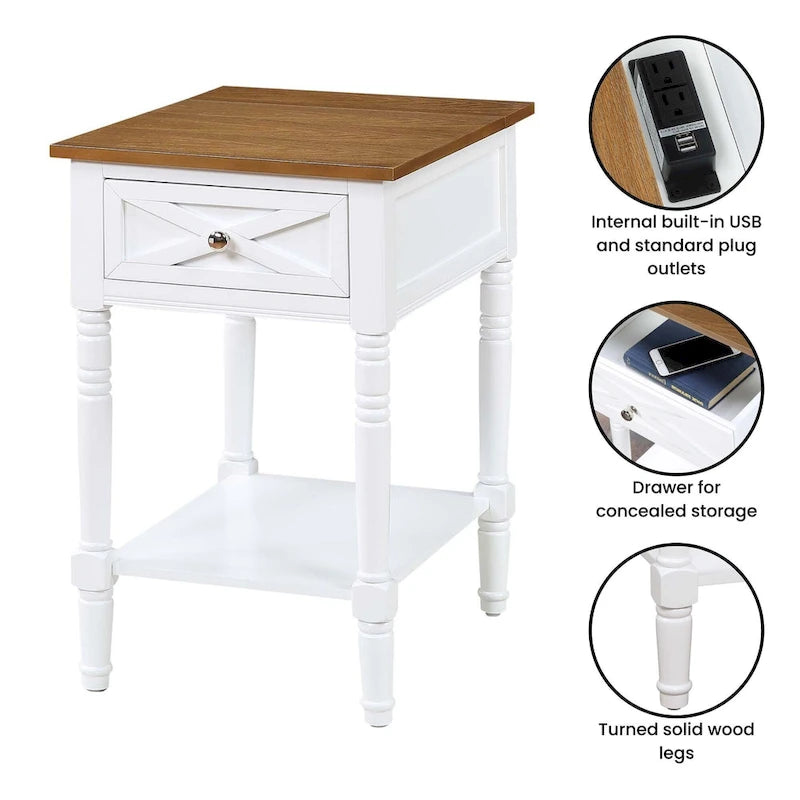 Convenience Concepts Country Oxford 1 Drawer End Table with Charging Station and Shelf