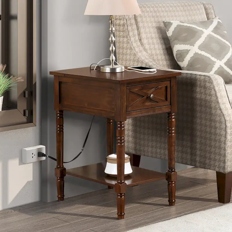 Convenience Concepts Country Oxford 1 Drawer End Table with Charging Station and Shelf