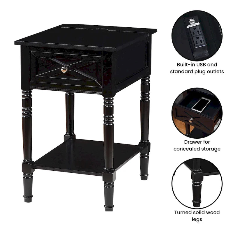 Convenience Concepts Country Oxford 1 Drawer End Table with Charging Station and Shelf