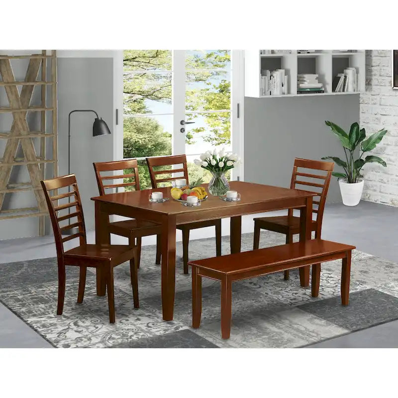East West Furniture 6 Pc Dining set- A Dining Table with 4 Kitchen Chairs plus one Bench - Mahogany Finish (Seat Type Option)