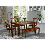 East West Furniture 6 Pc Dining set- A Dining Table with 4 Kitchen Chairs plus one Bench - Mahogany Finish (Seat Type Option)