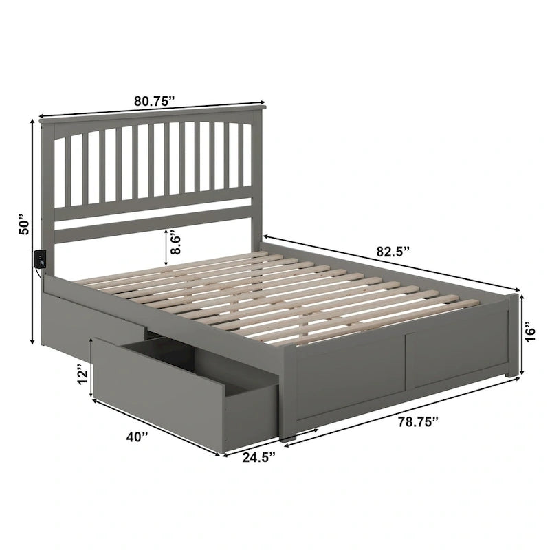 Mission King Platform Bed with 2 Drawers in Grey