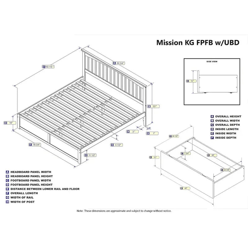 Mission King Platform Bed with 2 Drawers in Grey