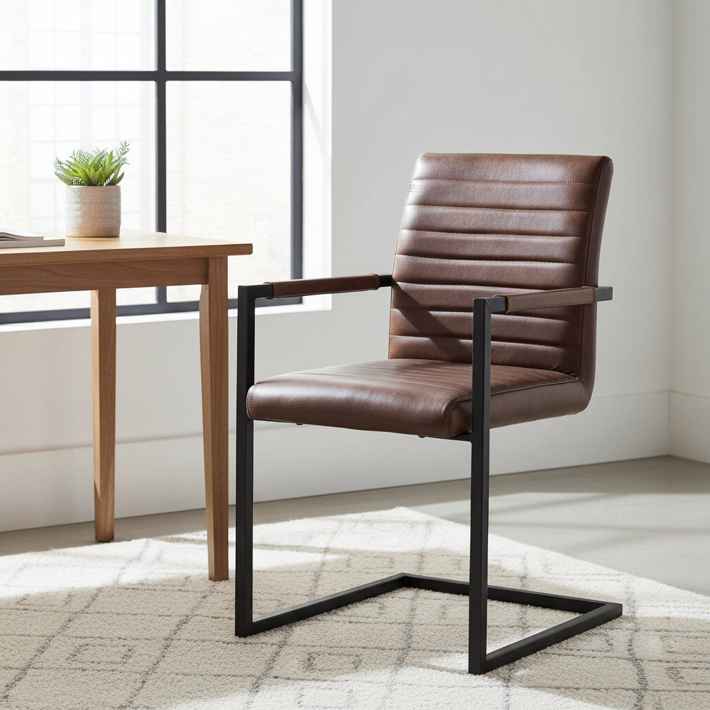 Greyson Genuine Full Grain Leather and Steel Modern Dining Arm Chair