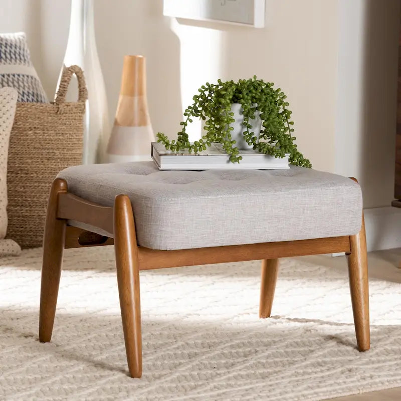 Jeanine Japandi Dark Grey Fabric and Walnut Brown Finished Wood Ottoman Footstool