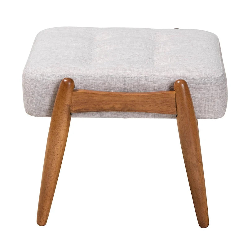 Jeanine Japandi Dark Grey Fabric and Walnut Brown Finished Wood Ottoman Footstool