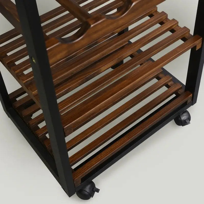 Solid Wood 4-Tier Rolling Kitchen Cart with Wine Rack and Drawer