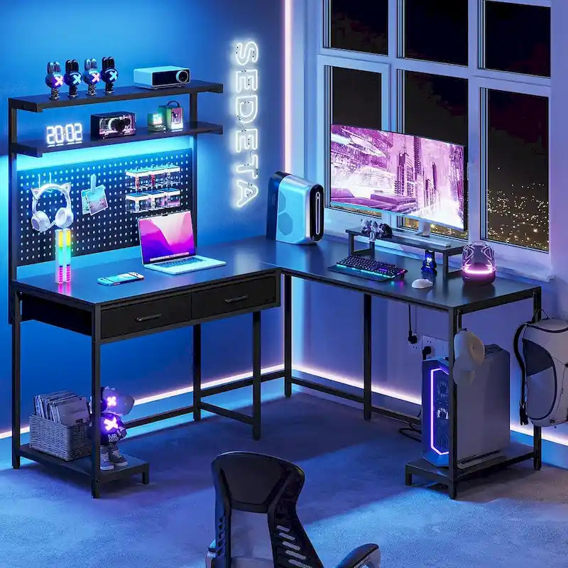 L Shaped Gaming Desk Pegboard and Drawers Monitor Stand