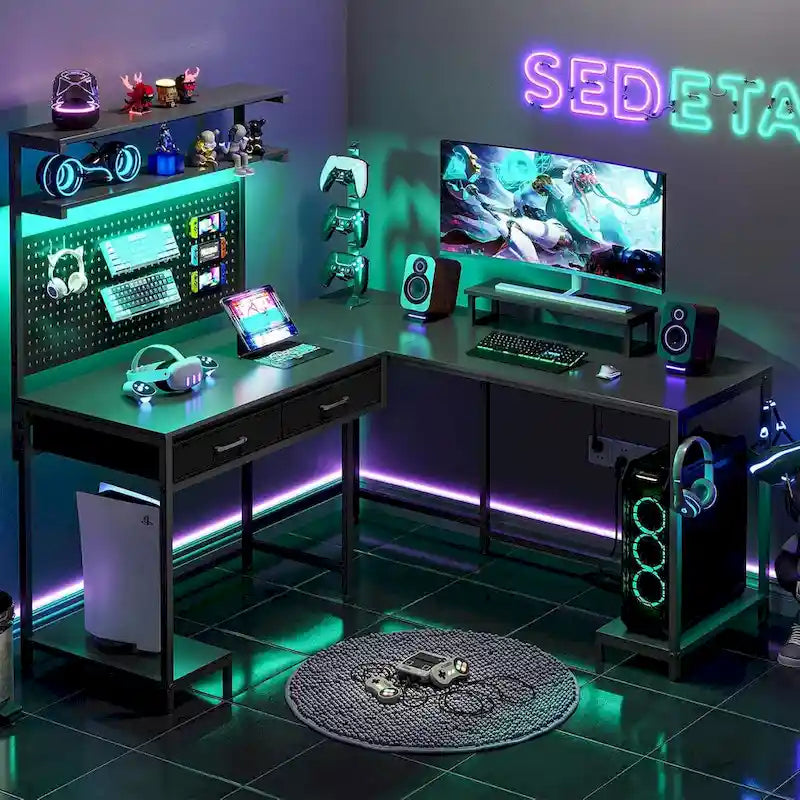 L Shaped Gaming Desk Pegboard and Drawers Monitor Stand
