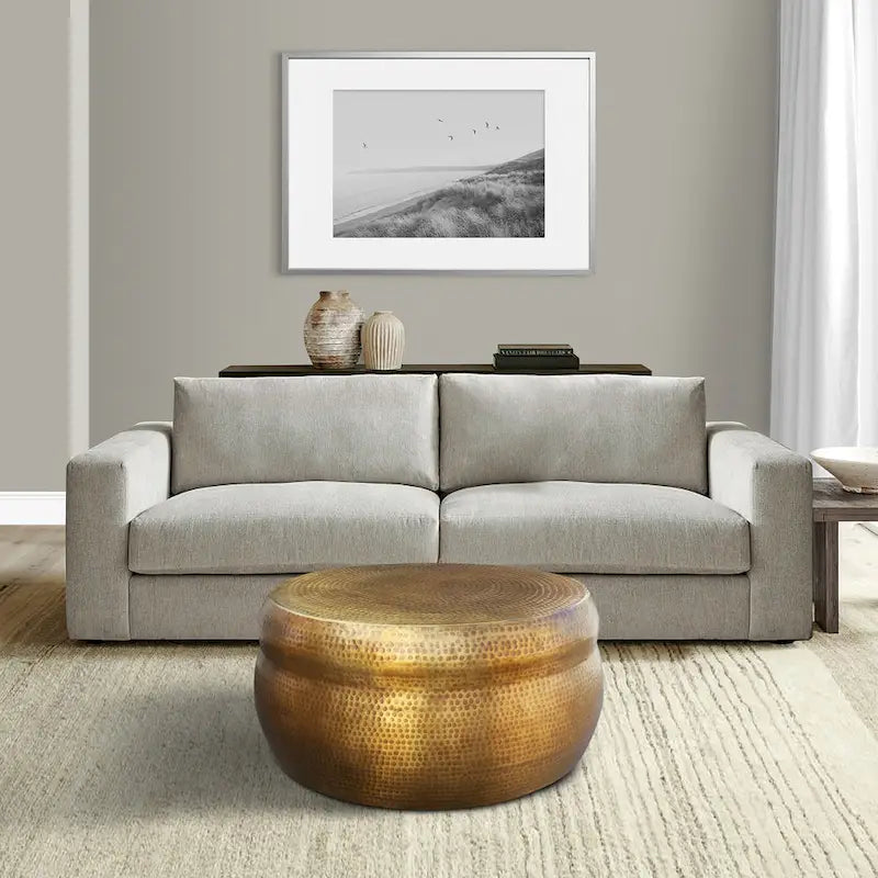 32 Inch Artisanal Round Drum Coffee Table, Hammered Embossed Texturing, Aluminum, Antique Brass