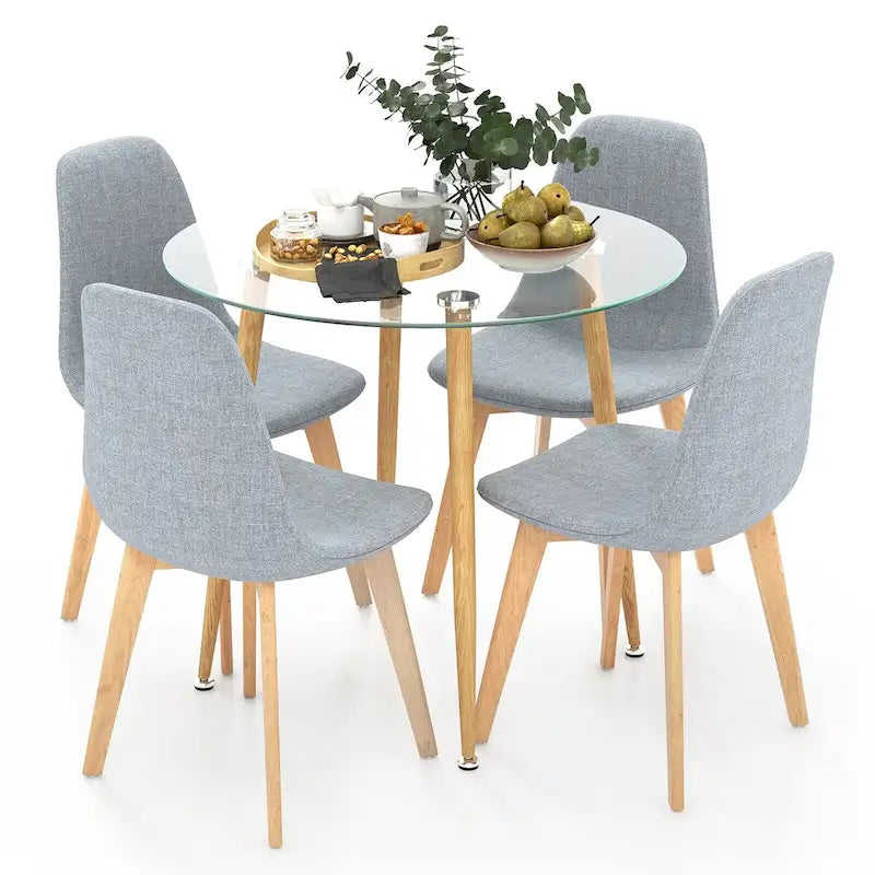 Gymax 5 PCS Dining Set Round Tempered Glass Table 4 Fabric Chairs