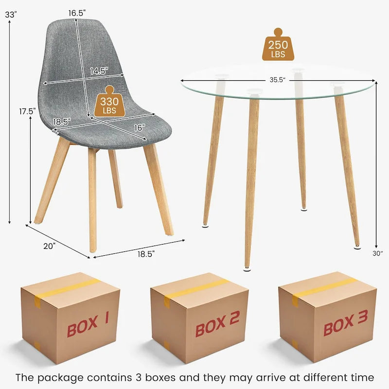 Gymax 5 PCS Dining Set Round Tempered Glass Table 4 Fabric Chairs