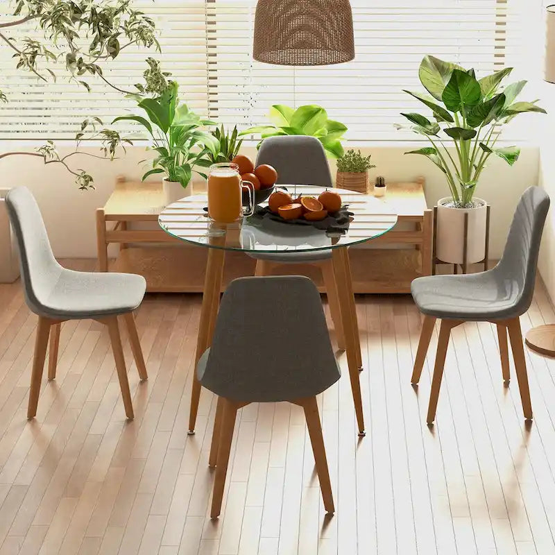 Gymax 5 PCS Dining Set Round Tempered Glass Table 4 Fabric Chairs