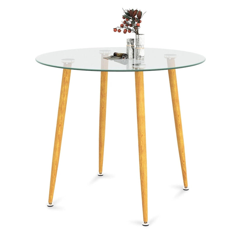 Gymax 5 PCS Dining Set Round Tempered Glass Table 4 Fabric Chairs
