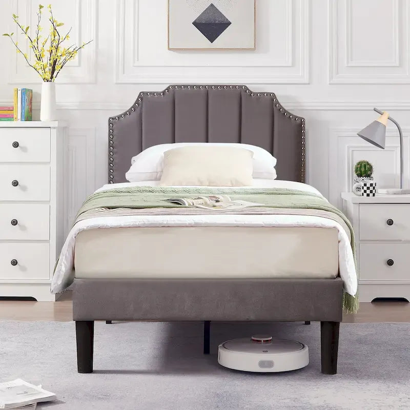 Javlergo Upholstered Platform Bed Frame with Nailhead Trimmed Adjustable Height Headboard, No Box Spring Needed