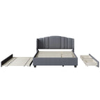 Queen Size Linen Upholstered Platform Bed with Twin Trundle and 2 Drawers