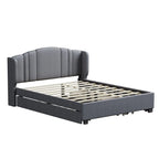 Queen Size Linen Upholstered Platform Bed with Twin Trundle and 2 Drawers