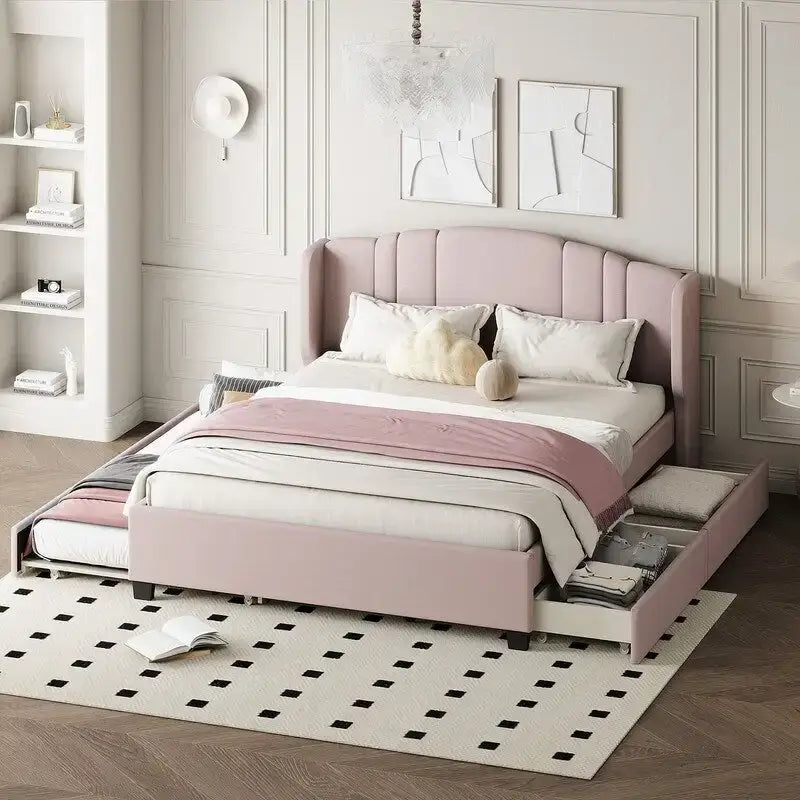 Queen Size Linen Upholstered Platform Bed with Twin Trundle and 2 Drawers