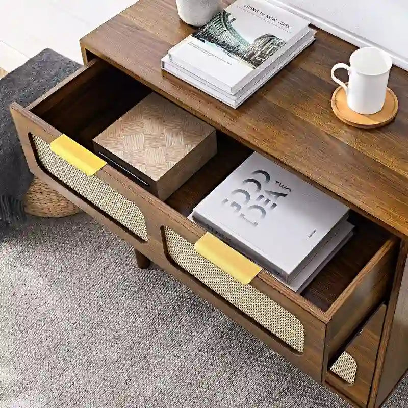 Grondin Mid-Century Modern Boho Style 3 Rattan Drawers Chest with MDF Frame and Solid Wood Legs, Chest of Drawers