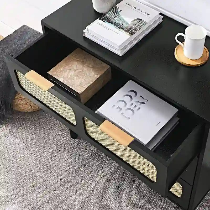 Grondin Mid-Century Modern Boho Style 3 Rattan Drawers Chest with MDF Frame and Solid Wood Legs, Chest of Drawers