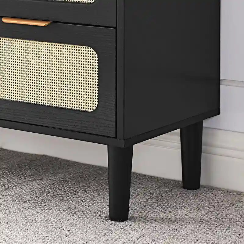 Grondin Mid-Century Modern Boho Style 3 Rattan Drawers Chest with MDF Frame and Solid Wood Legs, Chest of Drawers