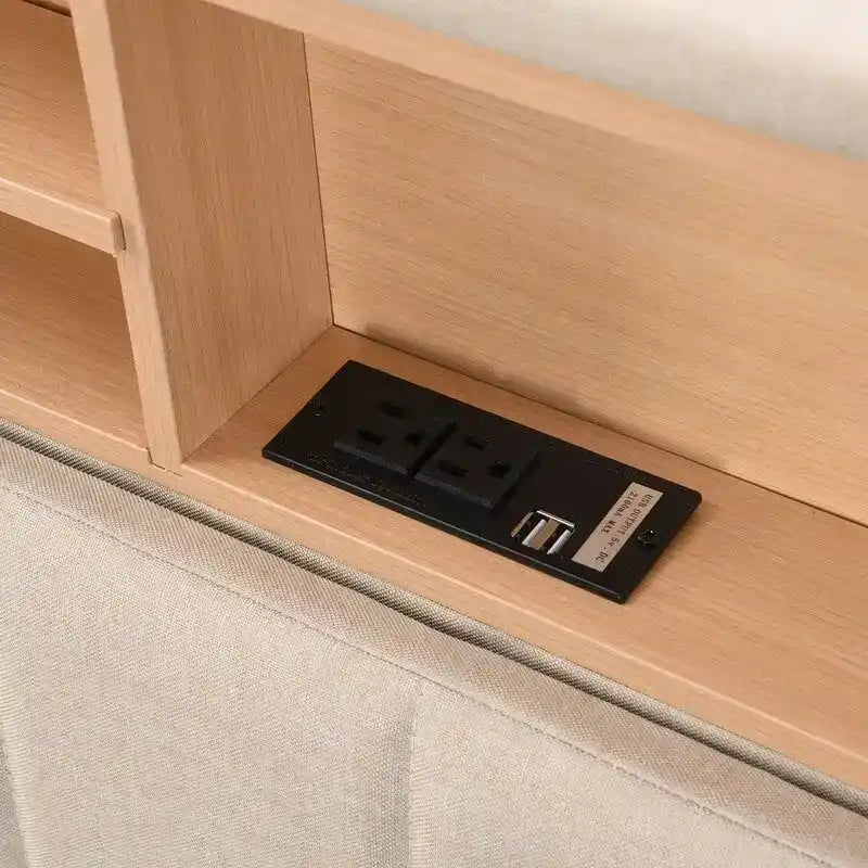 Modern Bed Frame with Charging Station and Storage Upholstered Linen Headboard, No Box Spring Needed, Platform Bed Frame