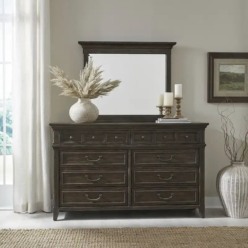 Paradise Valley Saddle Brown Upholstered Bed, Dresser and Mirror Set