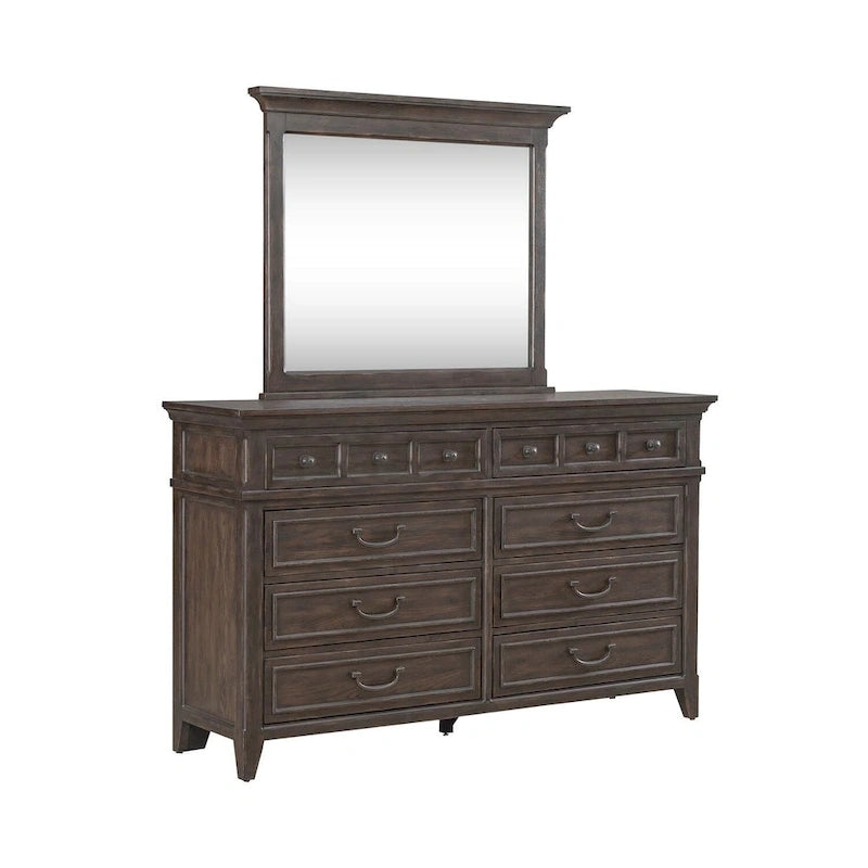 Paradise Valley Saddle Brown Upholstered Bed, Dresser and Mirror Set
