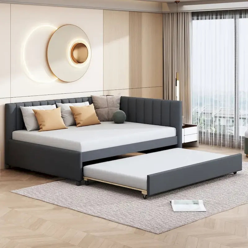 Full Size Upholstered Daybed with Trundle Sofa Bed Frame No Box Spring Needed