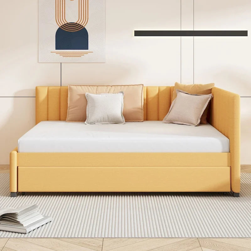 Full Size Upholstered Daybed with Trundle Sofa Bed Frame No Box Spring Needed
