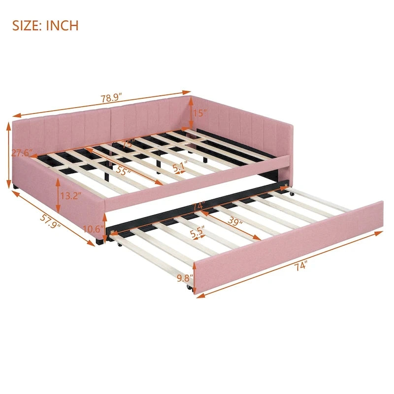 Full Size Upholstered Daybed with Trundle Sofa Bed Frame No Box Spring Needed